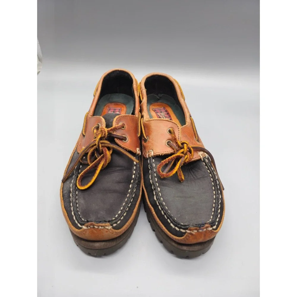 WOOLRICH Men's Navy Brown Leather Boat Loafers Shoes Size 7 Made in Italy